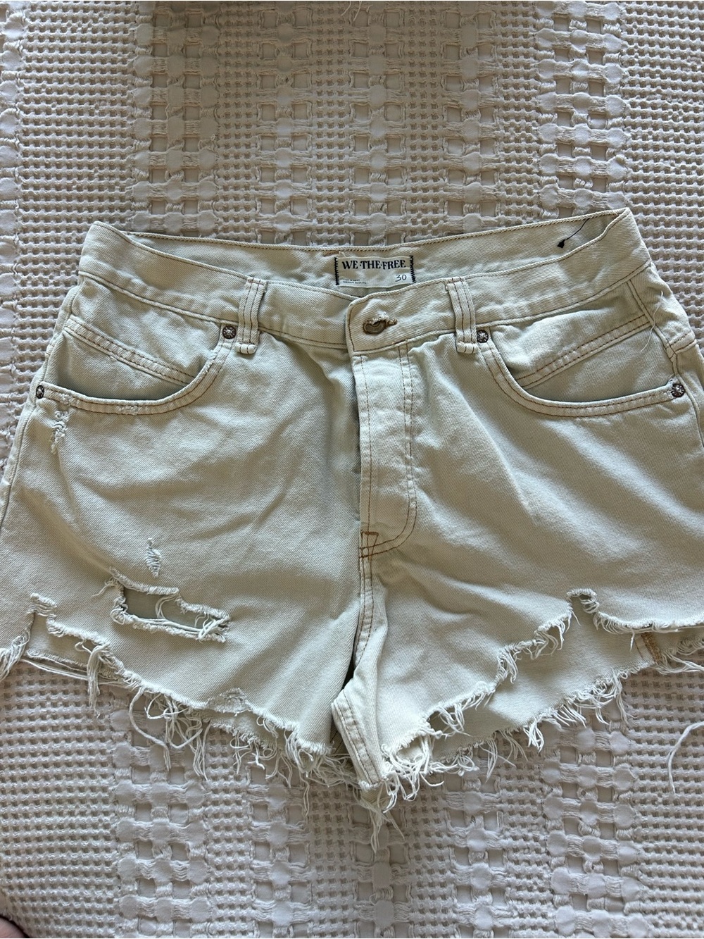 We The Free Cream Frayed High-Rise Denim Shorts